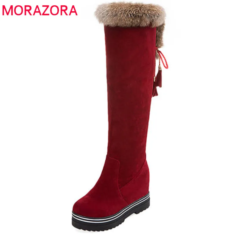 

MORAZORA 2020 new women's winter boots round toe knee high boots lace up keep warm snow boots fashion platform shoes woman