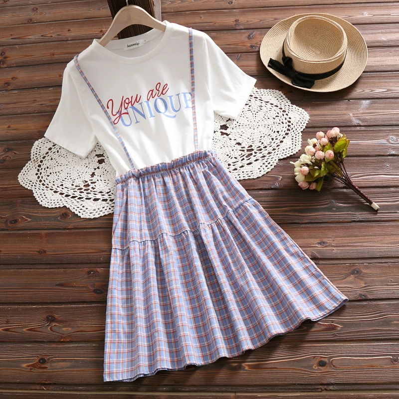 

Korea style girl cute plaid dress new summer fashion short sleeve a line dress