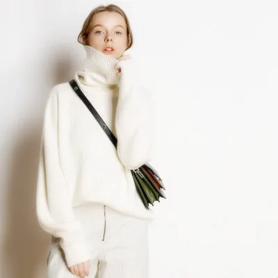 Осенняя и зимняя серия кашемировый свитер женский ленивый Свободный вязаный длинный рукав Повседневный свитер короткий пуловер с высоким воротником - Цвет: Белый