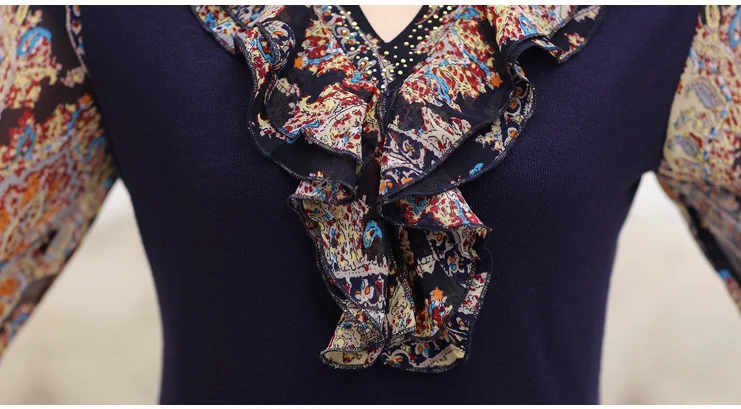 Новинка весны, женская одежда для среднего возраста, вязанная шифоновая блузка, модная женская блузка с оборками высокого качества, рубашка T23