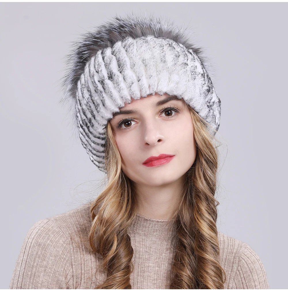 Outdoor Women Warm Soft Genuine Rex Rabbit Fur Hat Knitted Natural Real Sliver Fox Fur Caps Winter Real Rabbit Fur Beanies Hats