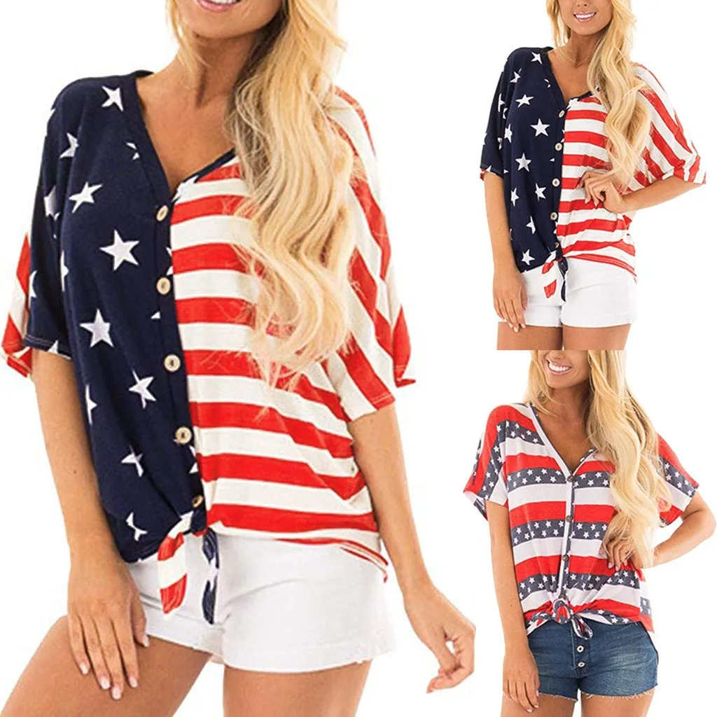 July 4th Women's V Neck American Flag Button Down T Shirt with Tie ...