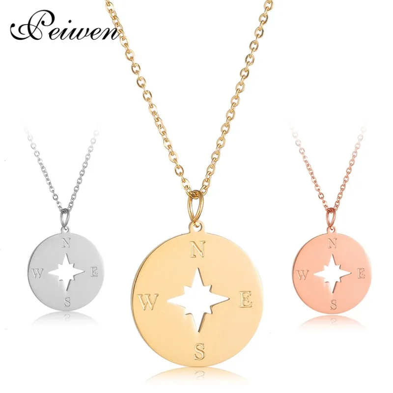 

Stainless Steel Compass Pendant Necklace For Women Lover's Gold Silver Rose Color Tiny Round Charm Choker Fashion Jewelry Gift