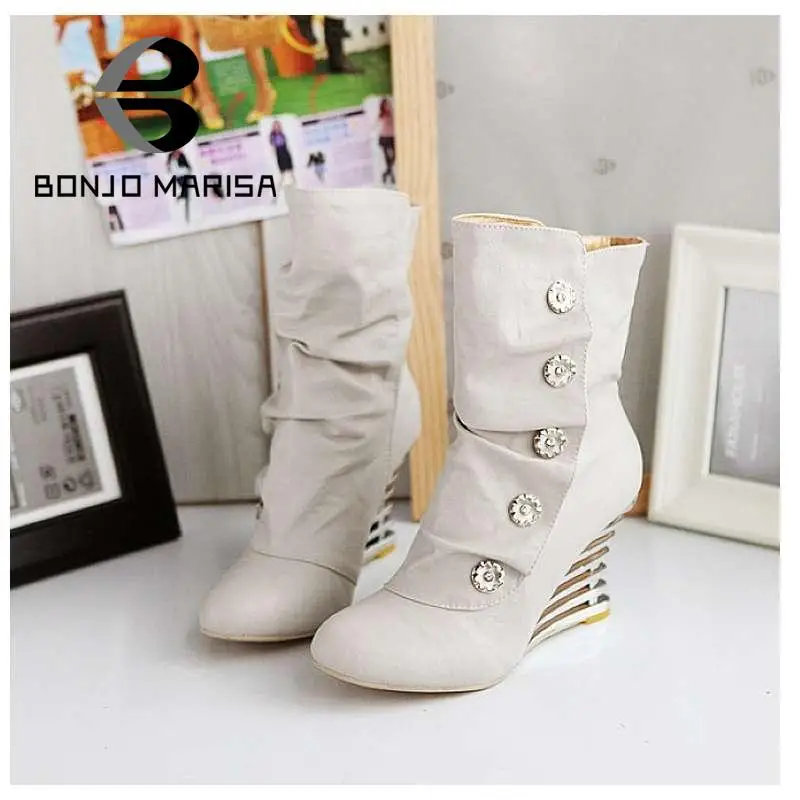 

2015 Sexy Cutout Wedge Spring Autumn Boots Fashion Button High Heels Round Toe Less Platform Half Knee Boots for Women Shoes