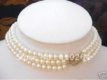 

$wholesale_jewelry_wig$ free shipping 3 Strand 7-8MM White Pearl Choker Necklace