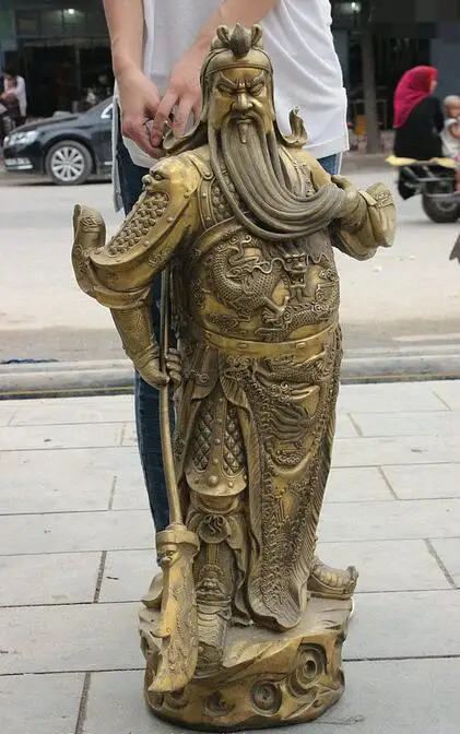 

free 36" China Exquisite Pure Brass Dragon Warrior Guan Gong Yu Sword On Stone Statue fast