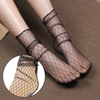 

Hot 1Pair Women Sexy Breathable Silk Socks Soft Heap Elasticity Black Fishnet Lace Flower Mesh Ankle Elastic Hosiery Sexy Hollow