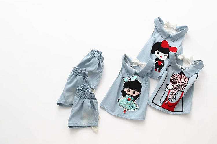 Girls Clothes 2018 Summer Casual 2-10 Years Old Kids Little Baby Cartoon Girl T Shirt+Shorts 2 Piece Lace Denim Blue Suit Set (12)