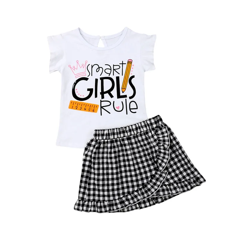 

Kids Baby Girl Clothing Summer Outfits Casual Letter Ruffle Sleeve T-shirts Plaid Mini Skirts 2Pcs Child Girl Sets 1-6y
