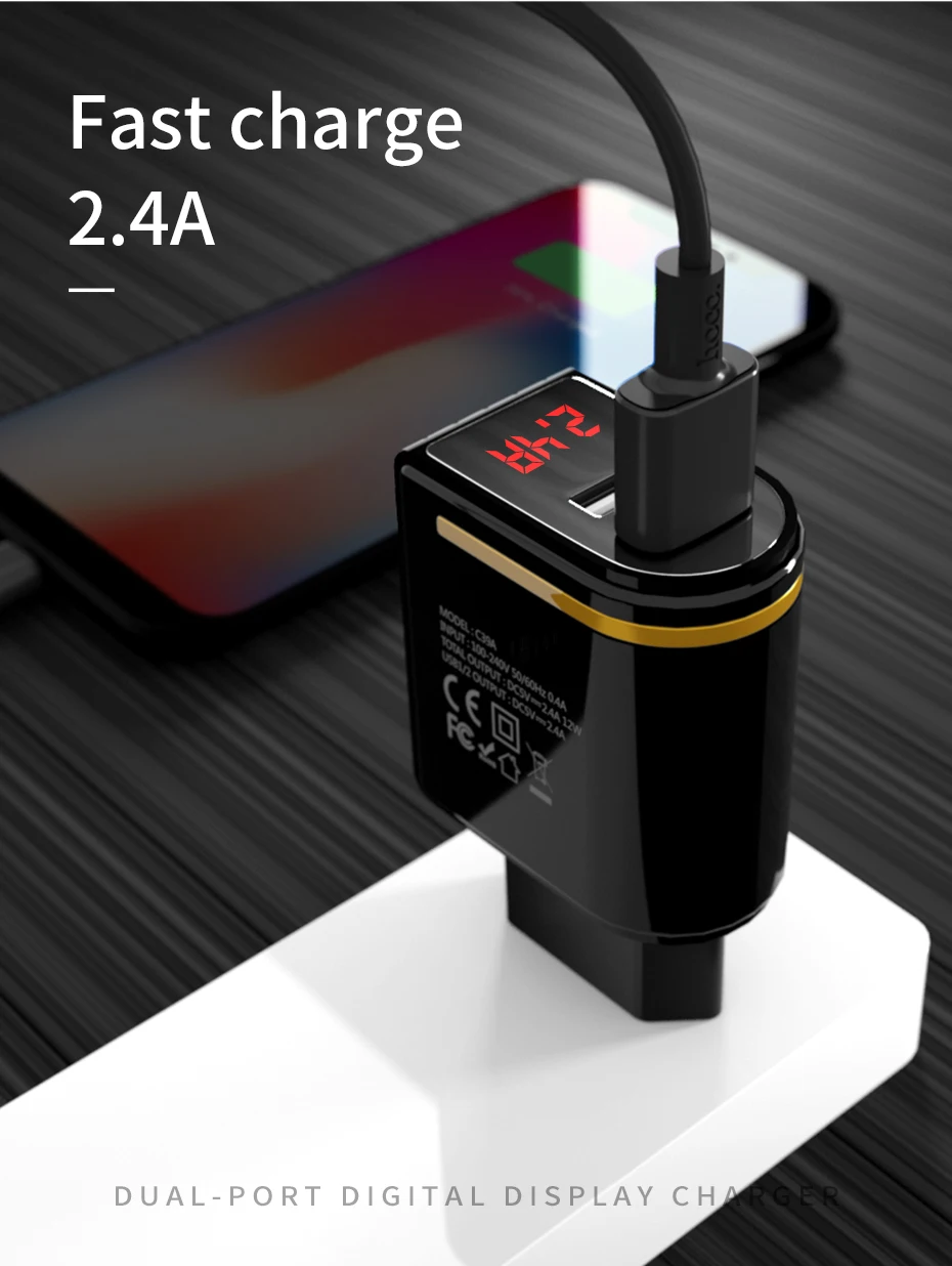 HOCO 5V 2.4A USB зарядное устройство для iPhone XS XR iPad EU Plug настенное зарядное устройство адаптер Светодиодный дисплей зарядное устройство для мобильного телефона для samsung Android