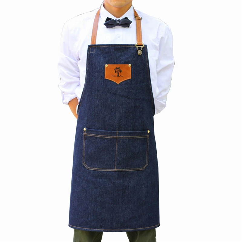 

2018 BBQ Denim cowboy Apron Bib Leather Straps Chef Kitchen Apron for Women Men Pockets barber cook Restaurant Waitress Logo