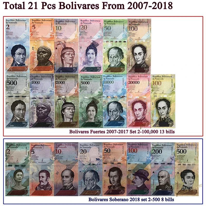 

Venezuela Full Set 21 pcs 2- 500 Soberanos & 2-100000 Bolivares 2007-2018 UNC Original Banknotes , Real Genuine paper money bill
