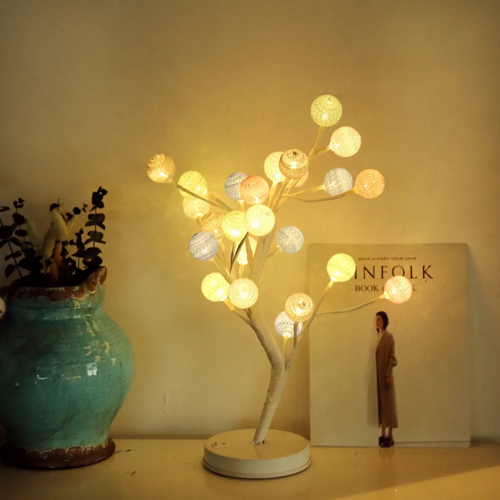 24 светодиоды ватным тампоном дерева декоративная настольная лампа включения/выключения Батарея питание Таблица Свет Фея Украшение для