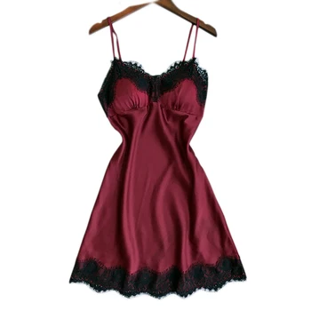

Sexy Wine red Satin silk nightdress women pyjamas Spaghetti Strap Lace pijamas summer nightgowns for women lingerie sleepwear