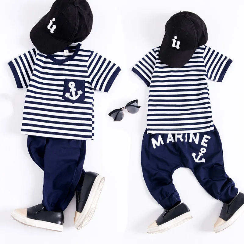 

Free Shipping Hot Sale Summer Clothing Sets Kids Pants + Top Boys Girls Navy Stripe Kids Clothes Children Tracksuit baby boys