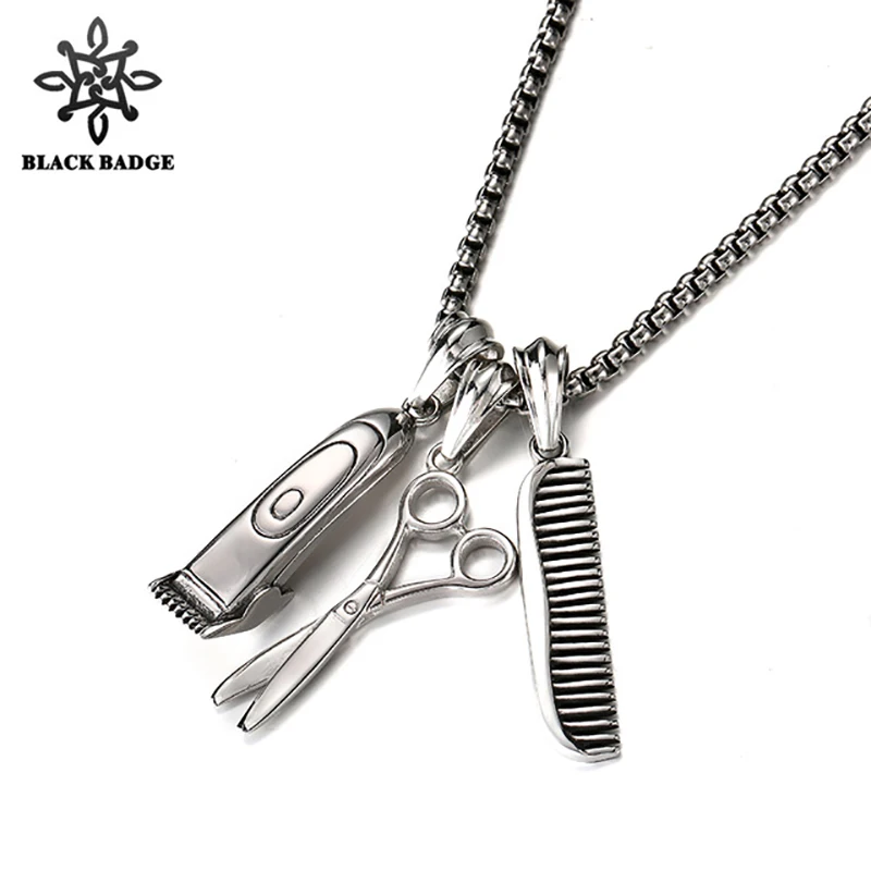 

Hip Hop Stainless Steel Men Pendant Necklace Hairdresser Tool Set Haircut Machine Hair Comb Dresser Scissors male Jewelry