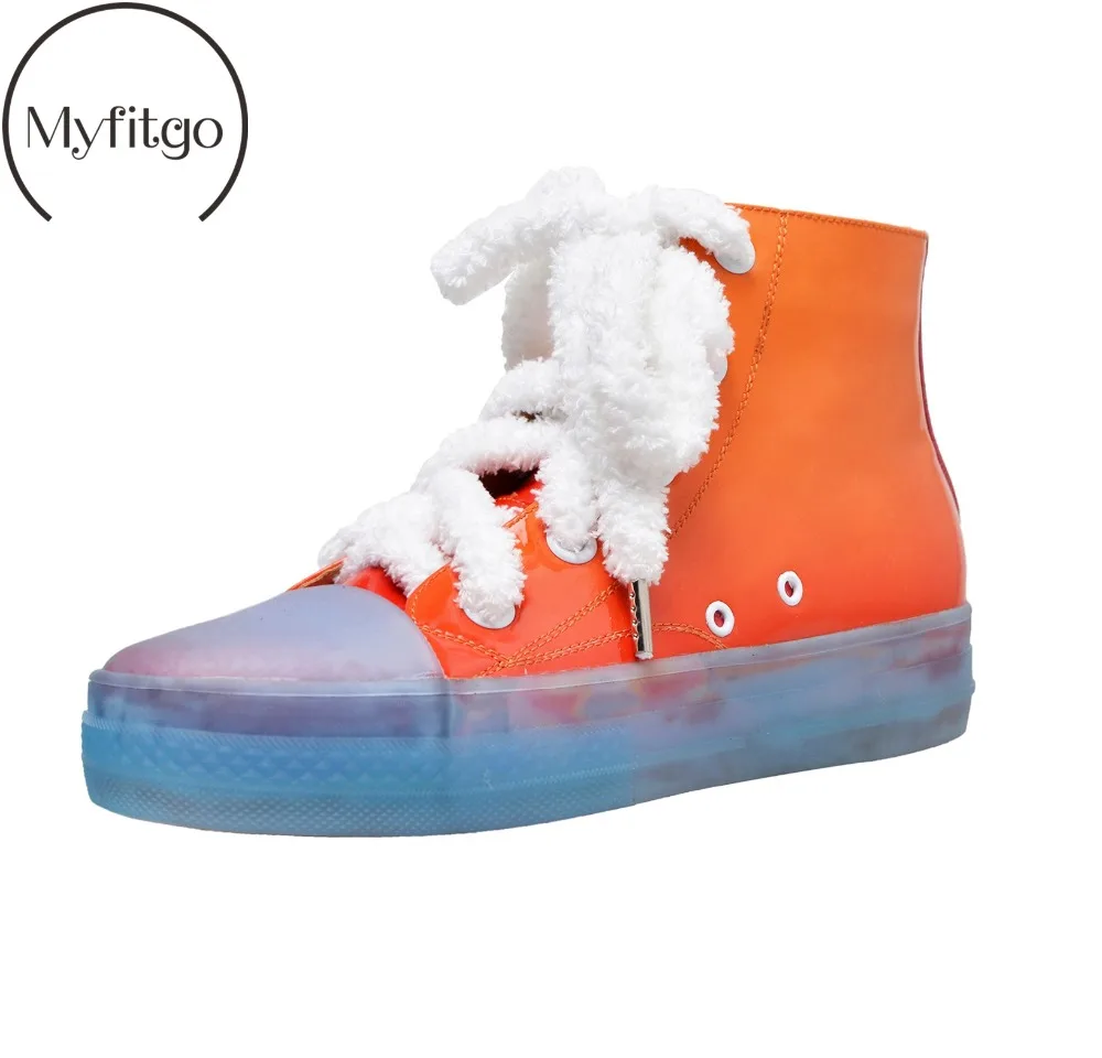 

Myfitgo Furry Lace up High Top Sneakers Jelly Shoes Women Bling Patent Leather Flats Walking Shoes Inner Heighten Martin Boots