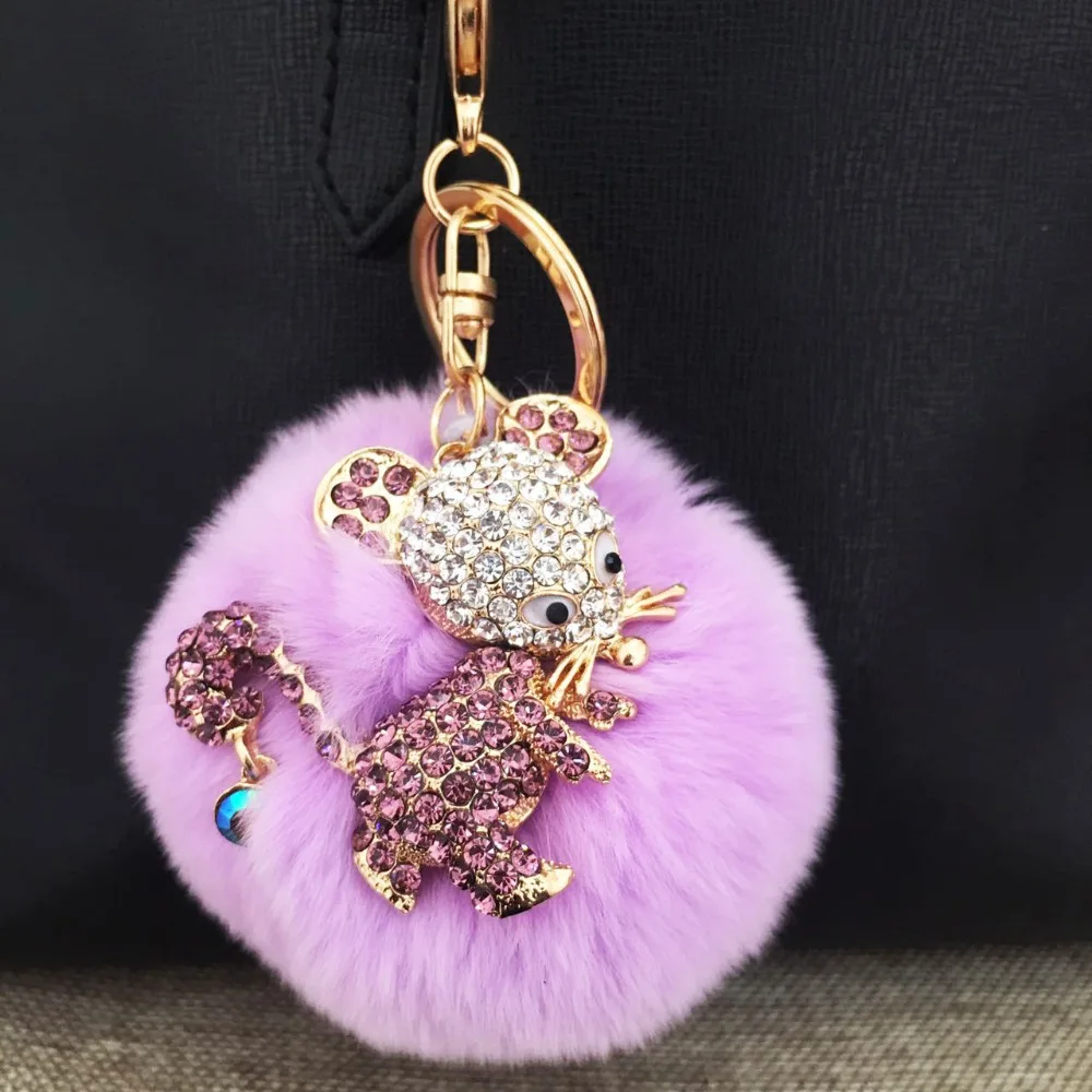 

2017 new trinket fake pompom keychain bunny keychains on bag rabbit fur Keychain fur pom pom charms for bags anime