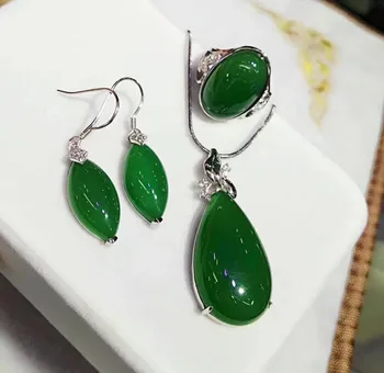 

Natural ice chalk chop suede chrysanthemum three-piece ring earrings pendant water drops pendant s925 silver inlaid jade