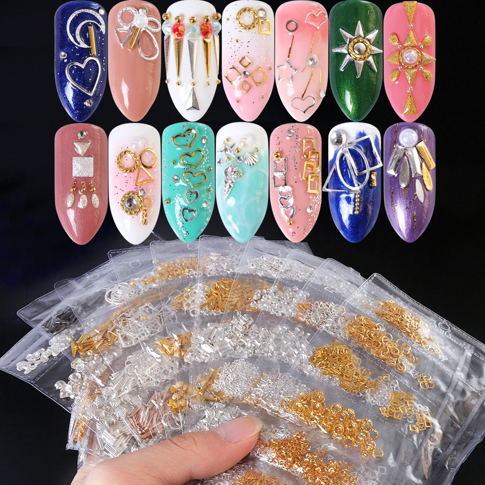 

6 Grid/Pack Nail Art Metal Frame Slider Copper Studs 3D Thin Star Shell Heart Manicure Tool Gold Silver Decoration Set LA688