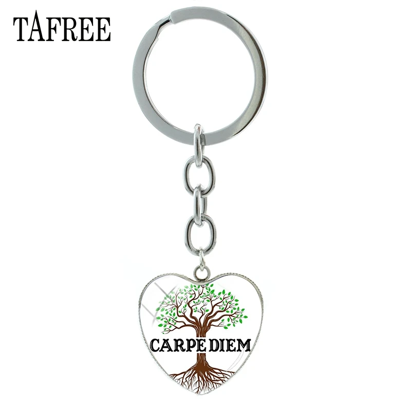 

TAFREE Carpe Diem Picture Heart Pendant Keychain Handmade Keyring Tree Key Chain French Gift High Quality Charms Jewelry CD03