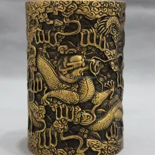 Китайский Бронзовый Год Зодиака Миф Fly Dragon Статуя Карандаш Ваза Кисть Горшок Баррель