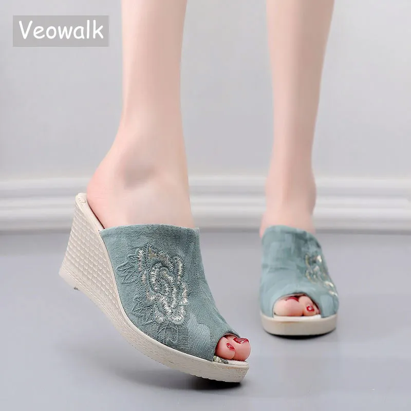 

Veowalk Handmade Women Casual Canvas Peep Toe Wedge Espadrilles Slides Summer Ladies Mid Heel Embossed Cotton Slippers Shoes