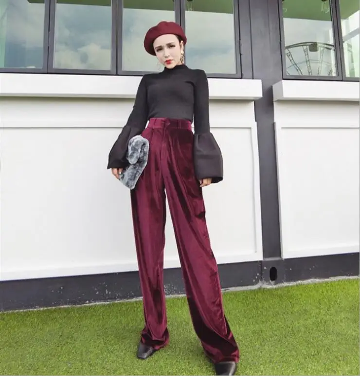 Vintage Wine Red Velvet Wide Leg Pants 