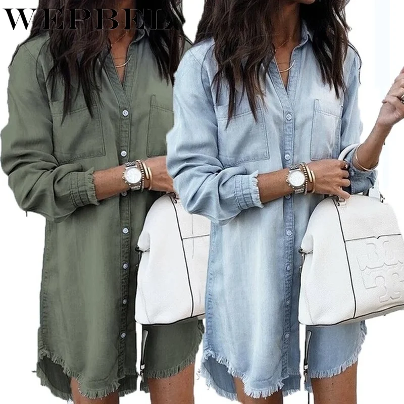 

WEPBEL Women Fashion Multicolor Hem Cuffs Tassels Denim Shirt Summer Dresses