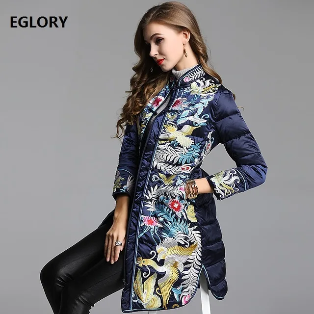 2020 Winter Fashion Duck Coat Outerwear Women Exquisite Embroidery Single Breasted Long Sleeve Warm Parka Down Jacket XXXL | Женская
