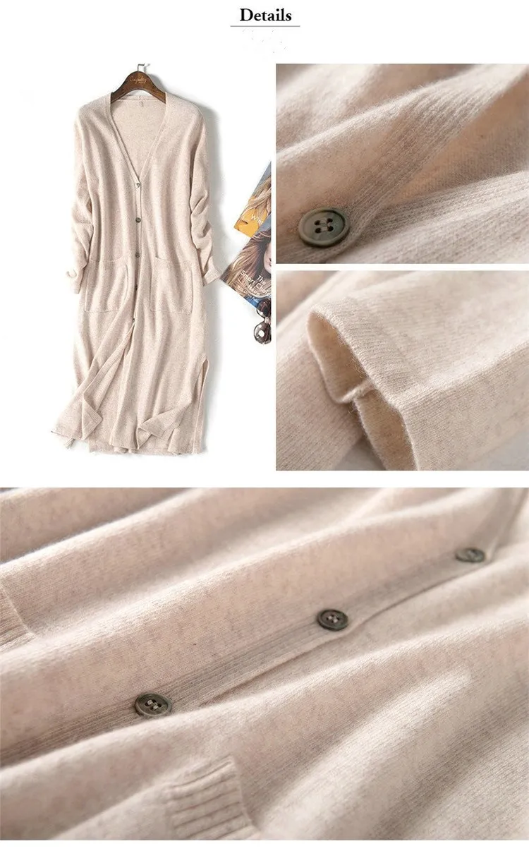 LHZSYY Новый женский длинный кардиган с двойным карманом осень-зима кашемировый свитер вязаный большой размер шерстяной кардиган тонкий