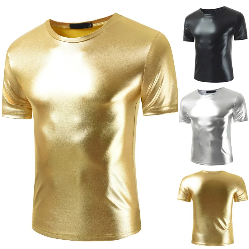 

Men Sexy Shiny Slim Fit T-Shirt Men Golden Black Silver Tees Dance Wear O Neck Shirt Pullover T Shirt Men Clubwear