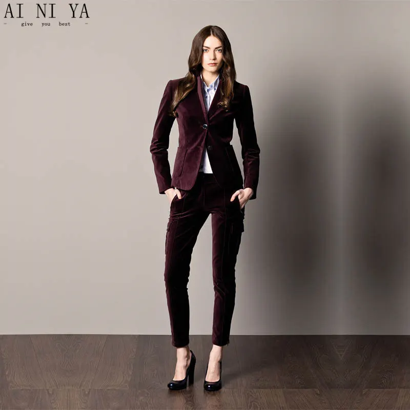 Fashion Grape Women Tuxedos Shawl Lapel Suit For Women Two Button Business Womens Velvet Suits Office Uniform 2 Piece Set Fashion Grape Women Tuxedos Shawl Lapel Suit For Women Two Button Business Womens Velvet Suits Office Uniform 2 Piece Set