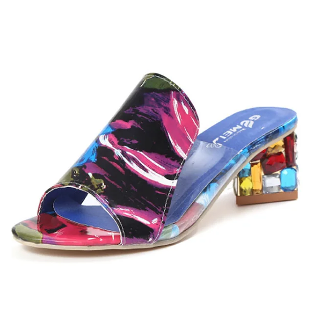 Женские босоножки; кожаные цветные стразы; женская обувь с кристаллами; летние туфли без задника на квадратном каблуке с открытым носком; женские сандалии; шлепанцы; размеры 34-41 - Цвет: Фиолетовый