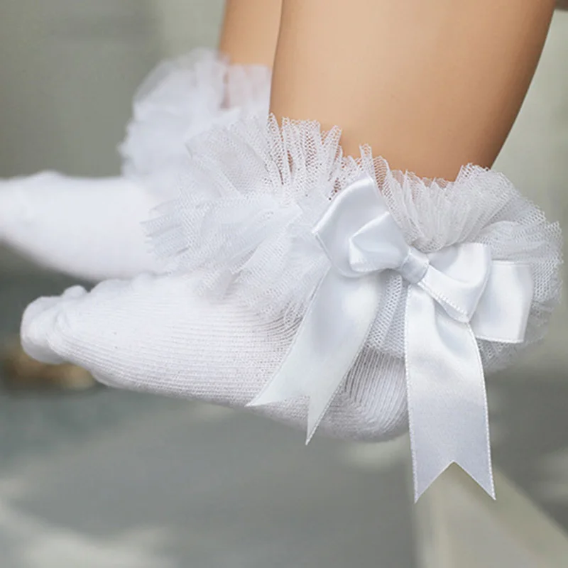 Носки для малышей от 0 до 2 лет кружевные носки принцессы с бантом для маленьких девочек хлопковые теплые носки с оборками для новорожденных девочек Детские кальцитовые носки для малышей