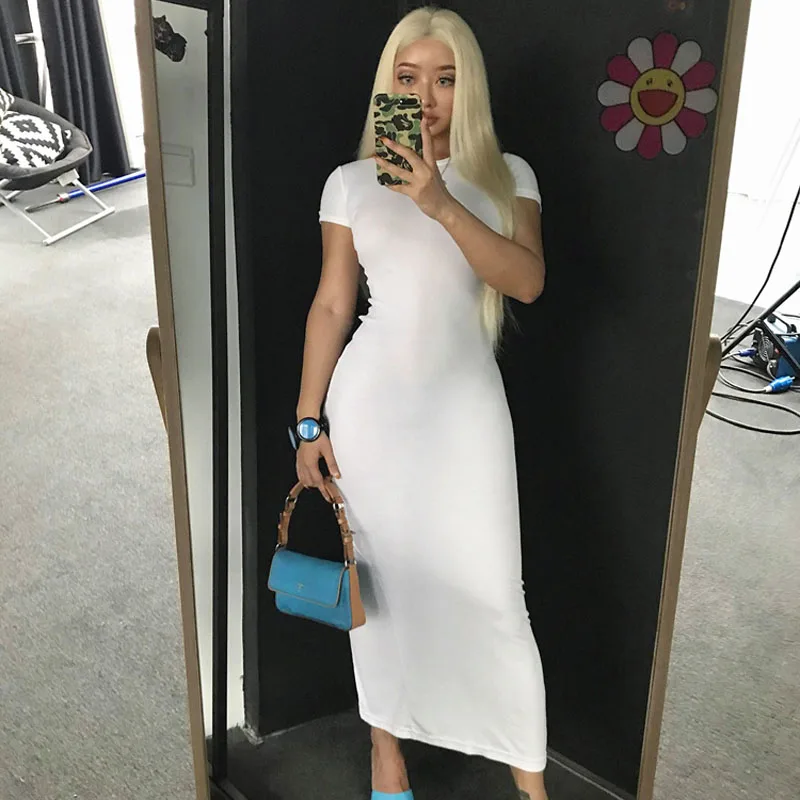 

Rear Slit Super Breathable And Comfortable Small Slim Round Neck Short-Sleeved Long Dress