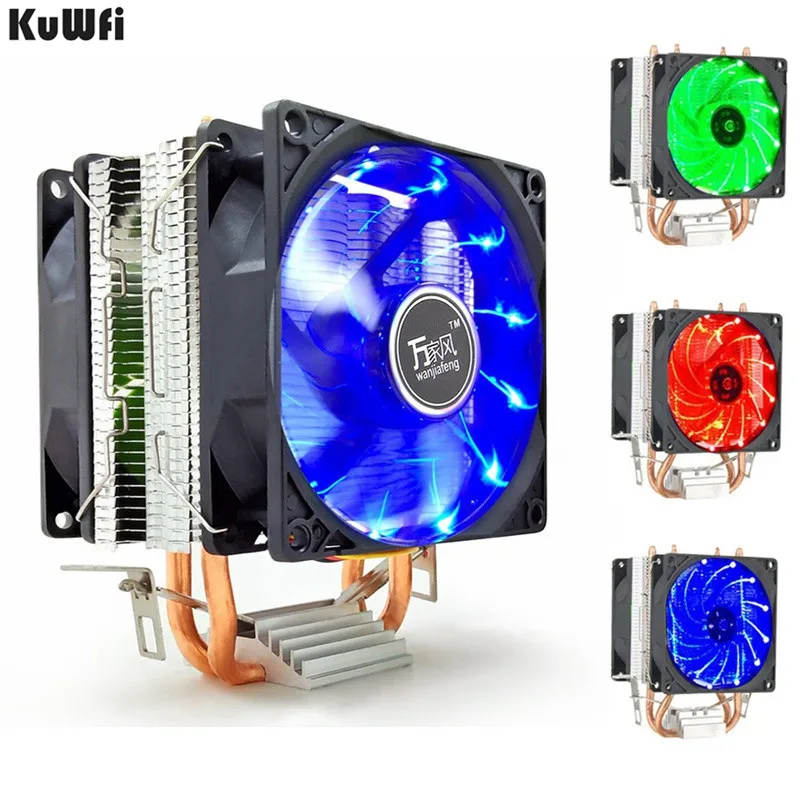

Dual CPU Cooler Quiet Powerful 12V Cooling Fan LED 2 Heat Pipe Quiet 3Pin CPU Cooler Heatsink Dual Fan For LGA 1155 775 1156 AMD