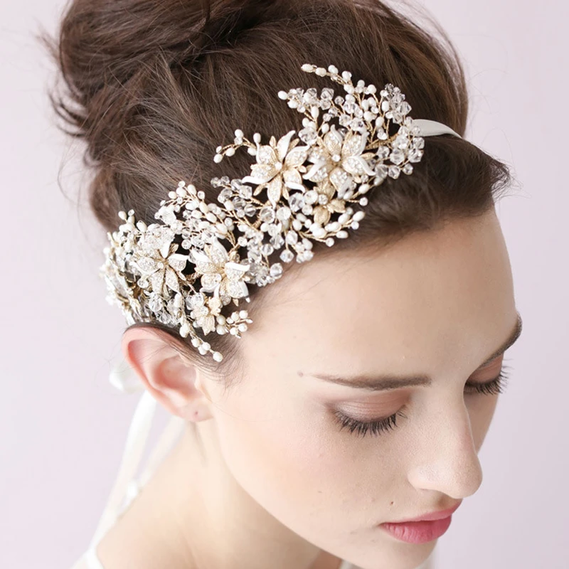 Luxury Crystal Pearl Hair Bands Hair Jewelry For Wedding Bride Rhinestone Flower
