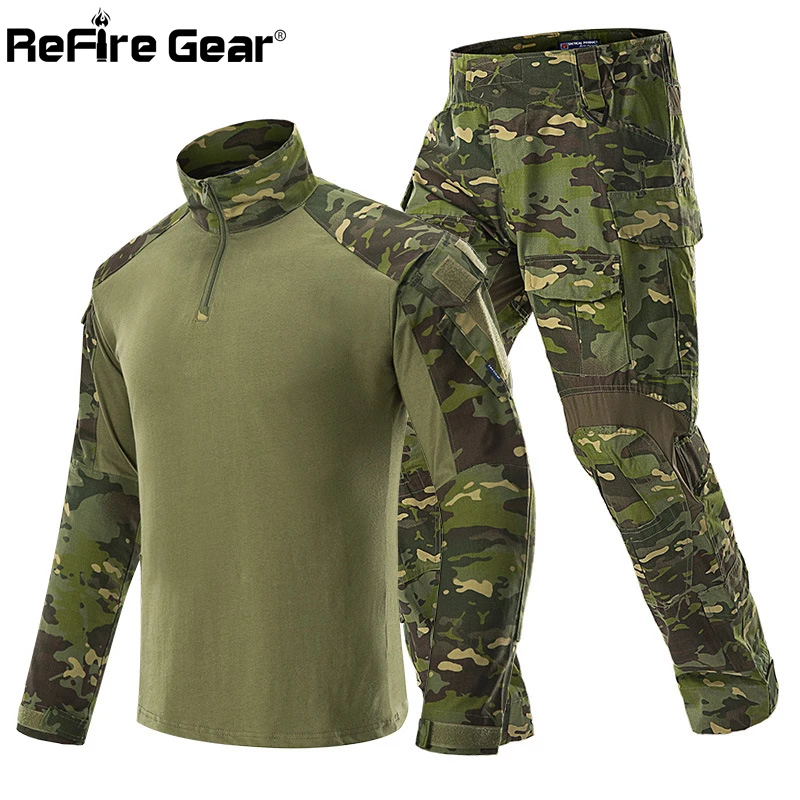 

ReFire Gear Tactical Military Camouflage Uniform Clothing Men Army Combat Suit Sets Waterproof Cargo Pants Long Sleeve T-shirts