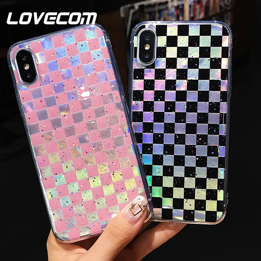 

LOVECOM Case For iPhone 6 6S 7 8 Plus X Fashion Lattice Pattern Laser Epoxy Soft Glossy Protector Phone Back Cover Case Coque