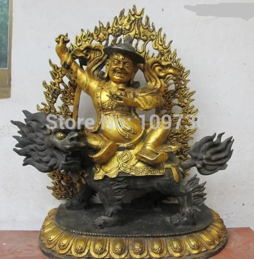 

002728 20"Tibet Buddhist Bronze Gild Protector Deity on Kylin Tantric Buddhist statue