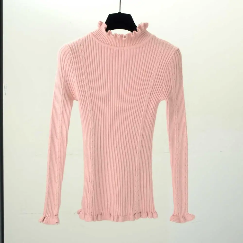 Женский теплый тонкий свитер, пуловер с высоким воротом, зимние топы, однотонный кашемировый свитер, Осенний женский свитер с длинным рукавом, свитер с оборками - Цвет: Розовый