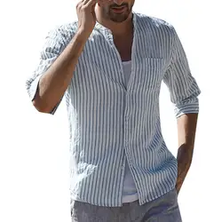 Мода 2019 новые мужские Роскошные Рубашки Gant мужские мешковатые льняные смеси полосатые три четверти рукав карман футболки со стоячим