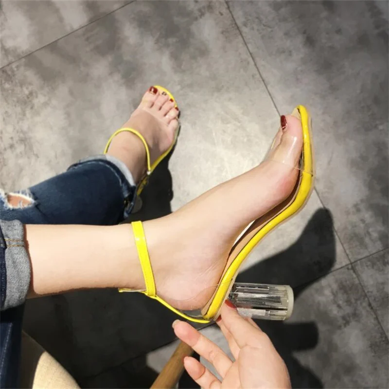 

Summer Women Sandals Transparent Jelly High Heels Ankle Buckle Pumps Cover Heel Peep Toe Feamle Party Ladies Wedding Shoes