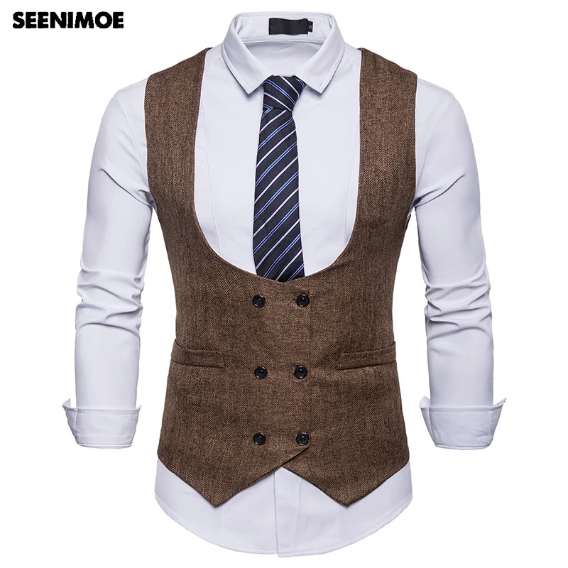 Seenimoe Mens Formal Blazer Vests Casual Double Breasted O neck Fashion