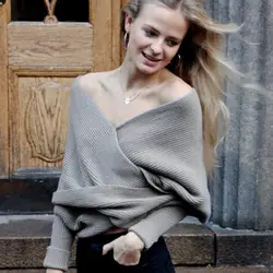 Пикантные V образным вырезом Осень Зима свитеры для женщин Bodycon для обёрточная бумага вязаный свитер женский с длинным рукаво