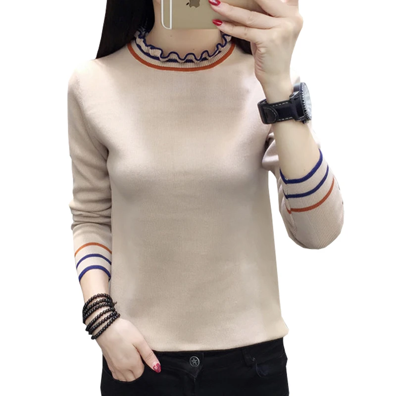 

shintimes 2019 Autumn Winter Top New Pull Femme Knitted Sweater Ruffled Collar Women Sweaters Pullovers Elasticity Woman Sweater