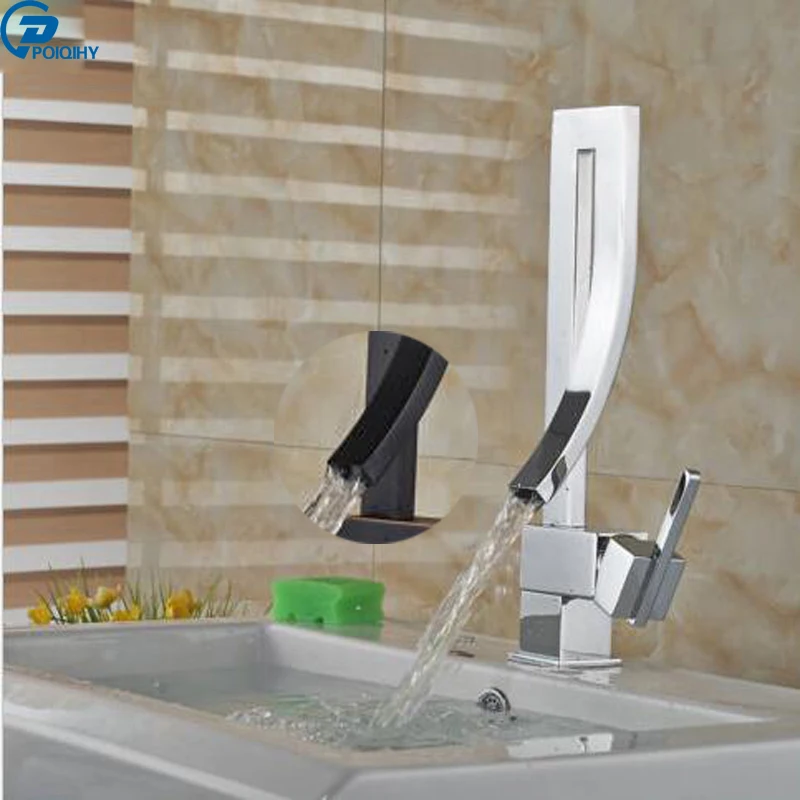 

POIQIHY Design Tap Polished Chrome Basin Faucet Bathroom Waterfall Single Handle Faucets Vessel Sink Mixer Tap Deck Mounted