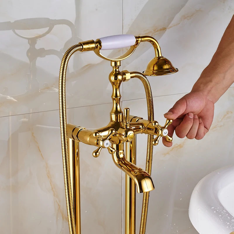Uythner Gold Floor Mounted Tub Sink Faucet Dual Handle Bathroom Bath Shower Set Freestanding Bathtub Mixer Tap with Handshower 2