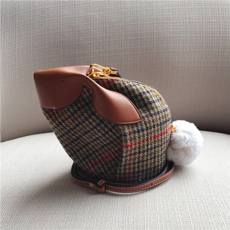 

Cute Little Bag Girl New Real Leather Thousand Bird Lattice Rabbit Woolen with Single Shoulder Oblique Straddle Handbags